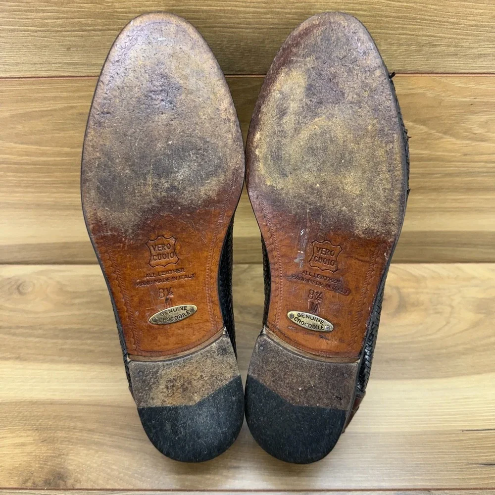 Belvedere Crocodile Woven Penny Loafers Mens 8.5 M Brown Black Slip On Modern